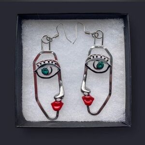 Silver Abstract Face Drop Earrings with Red Lips and Green Gem Eyes